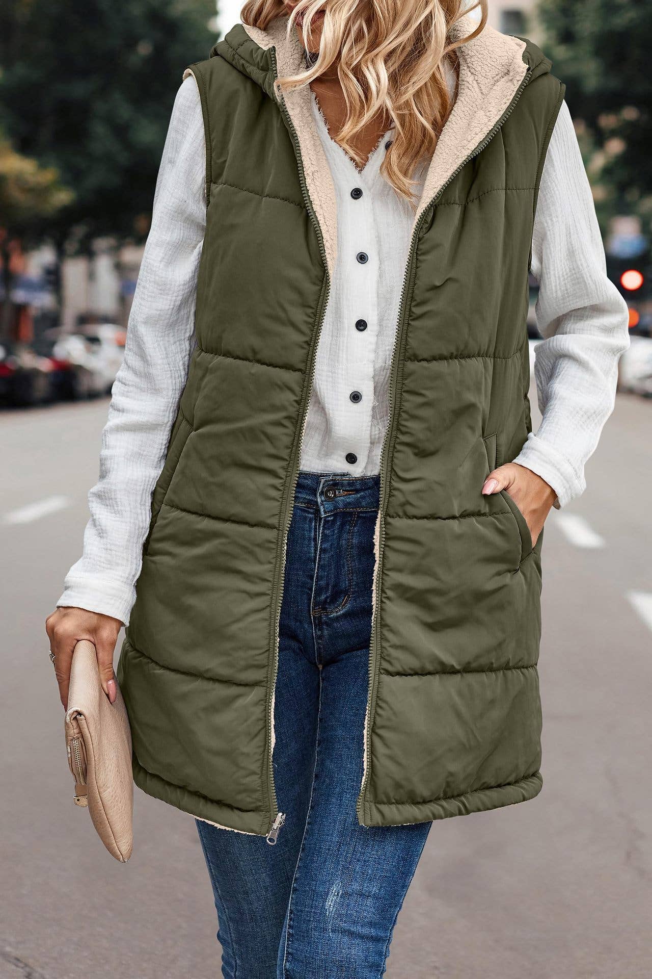 Reversible Plain Hooded Quilted Midi Vest