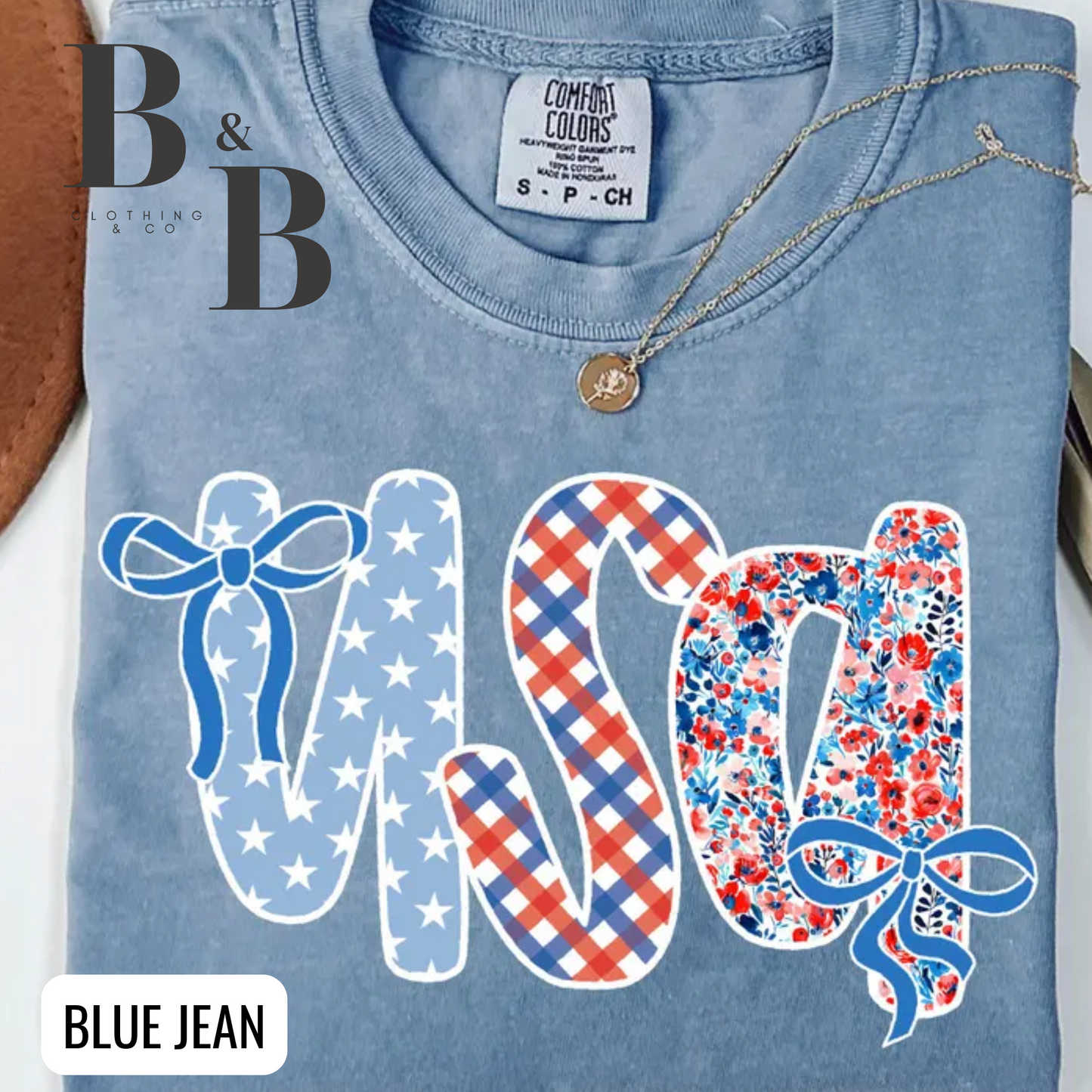 USA Stars Plaid Flowers Bows Comfort Color Tees