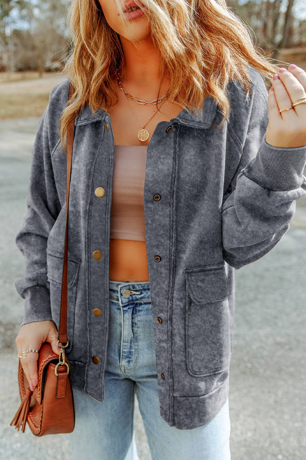 Casual Vintage Washed Flap Pocket Button Shacket