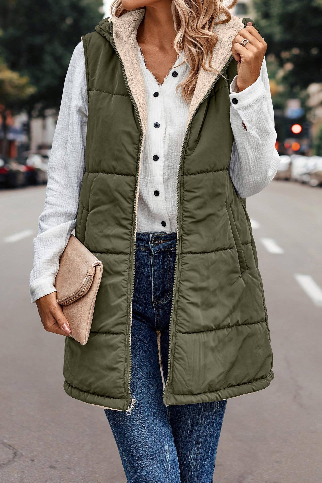 Reversible Plain Hooded Quilted Midi Vest