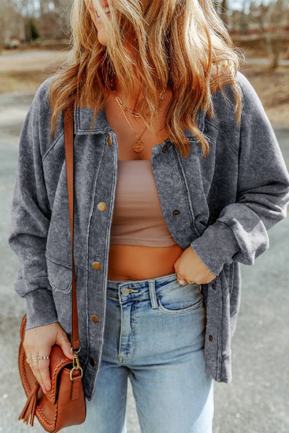 Casual Vintage Washed Flap Pocket Button Shacket