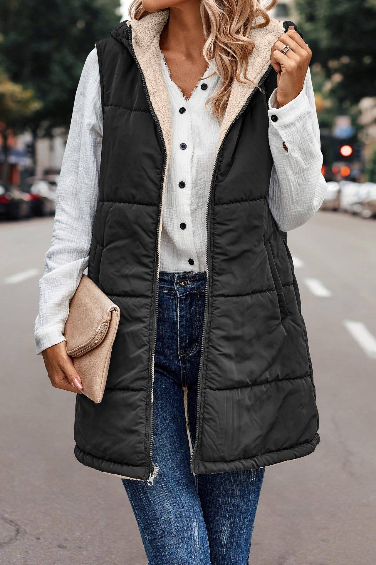 Reversible Plain Hooded Quilted Midi Vest