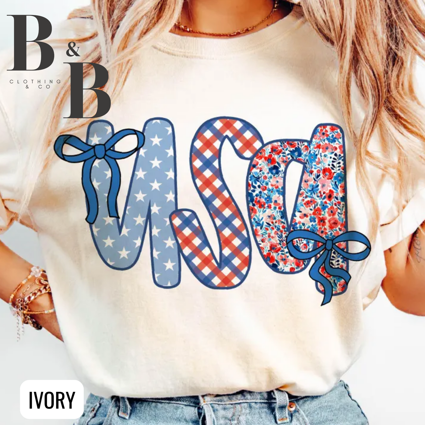 USA Stars Plaid Flowers Bows Comfort Color Tees