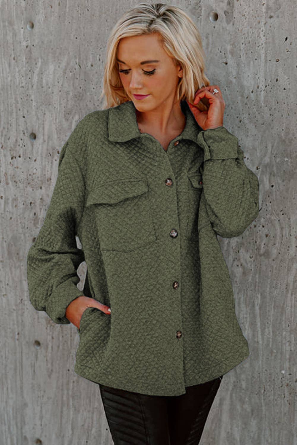 Customizable Casual Retro Quilted Flap Pocket Button Shacket