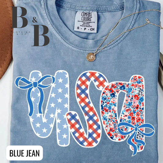 USA Stars Plaid Flowers Bows Comfort Color Tees