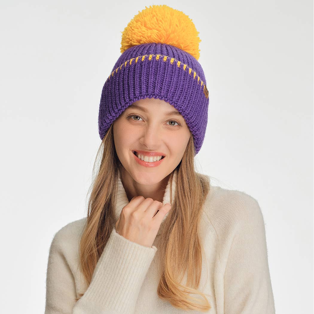Two-Tone Sport Team Beanie with Yarn Pom