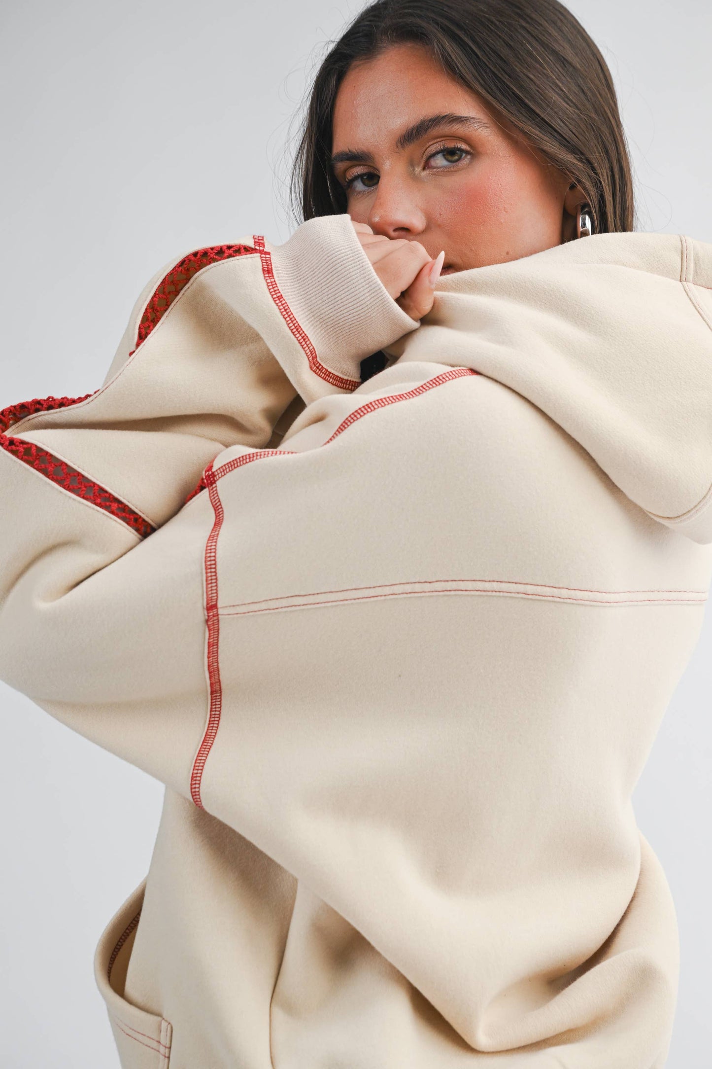 Red Contrast Stitch Hoodie