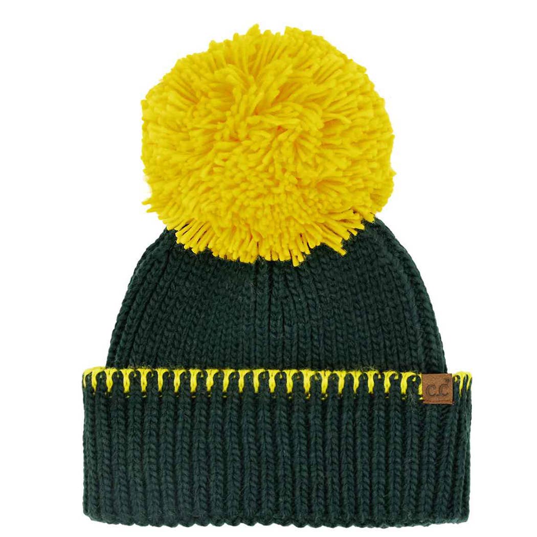 Two-Tone Sport Team Beanie with Yarn Pom