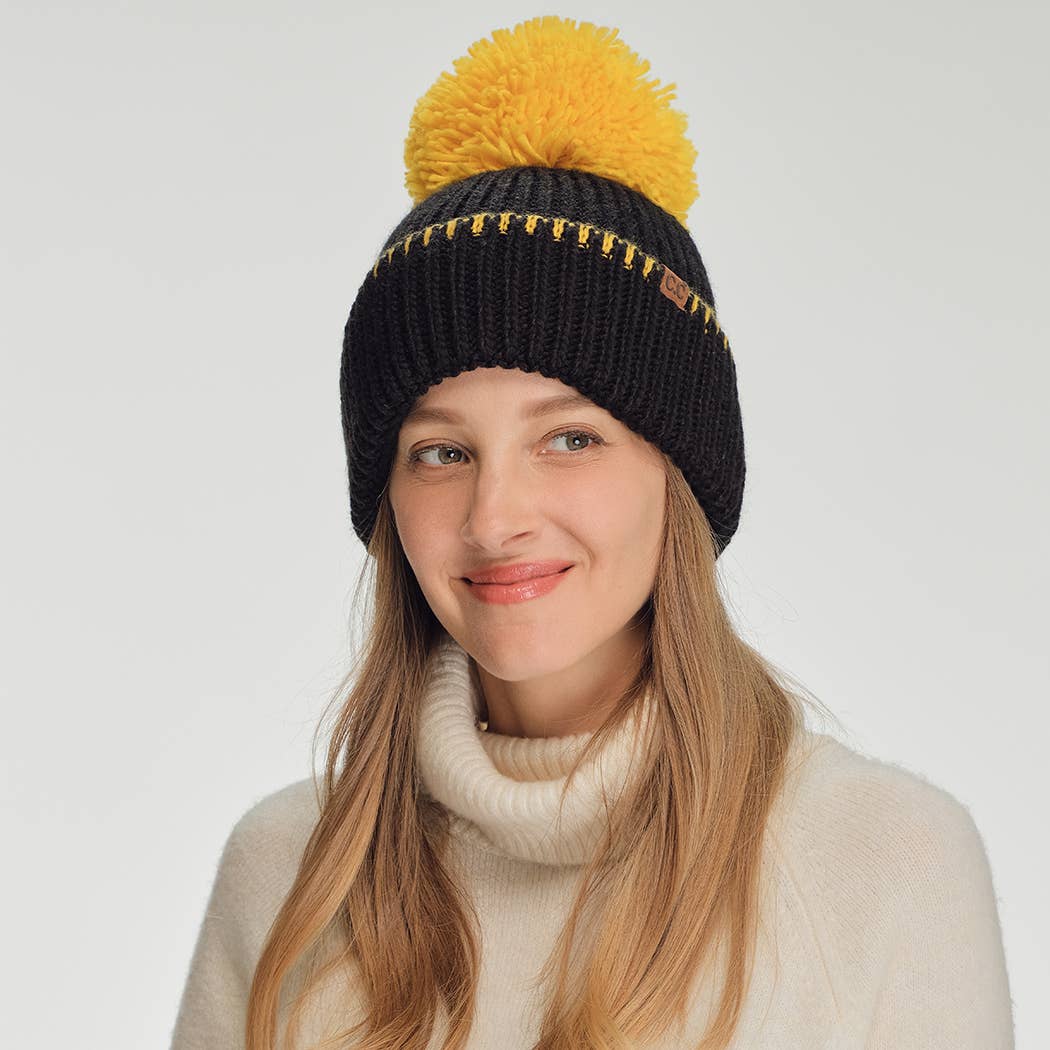 Two-Tone Sport Team Beanie with Yarn Pom