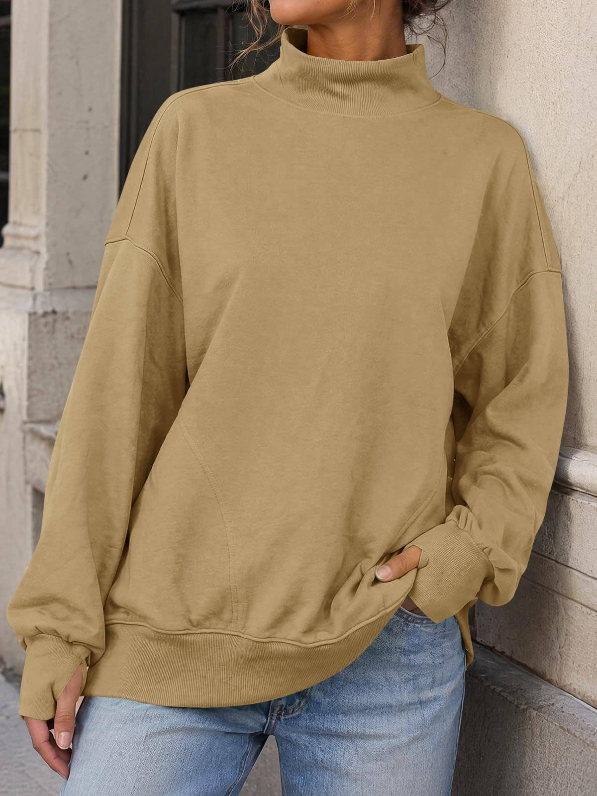 Mock Neck Oversized Womens Sweatshirt Solid Pullover Top