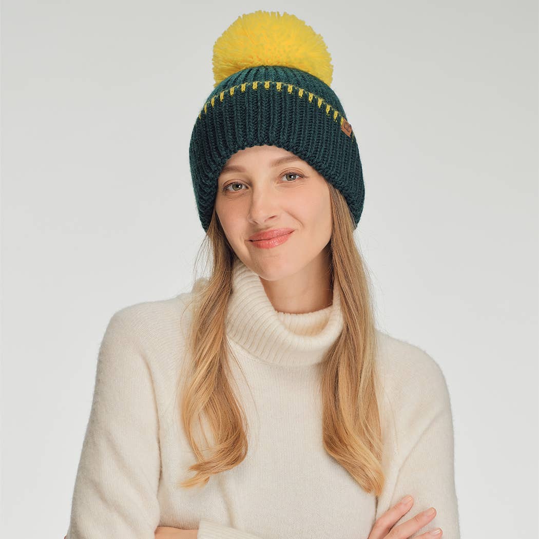 Two-Tone Sport Team Beanie with Yarn Pom
