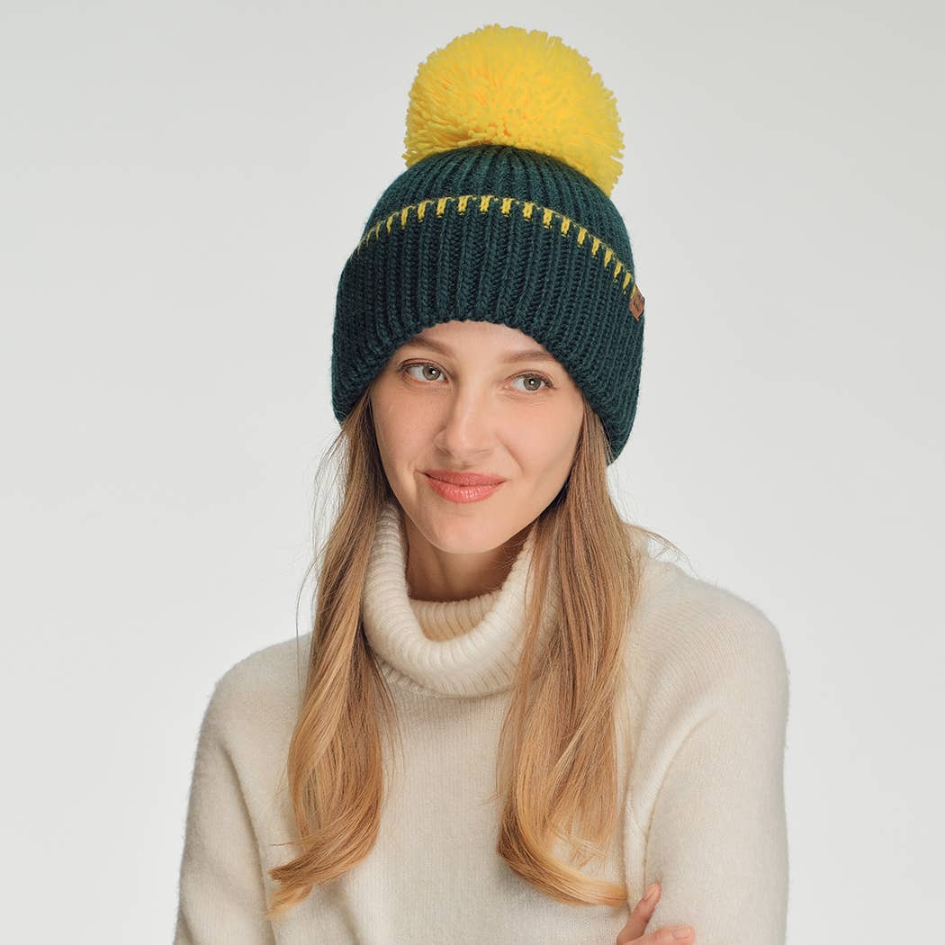 Two-Tone Sport Team Beanie with Yarn Pom