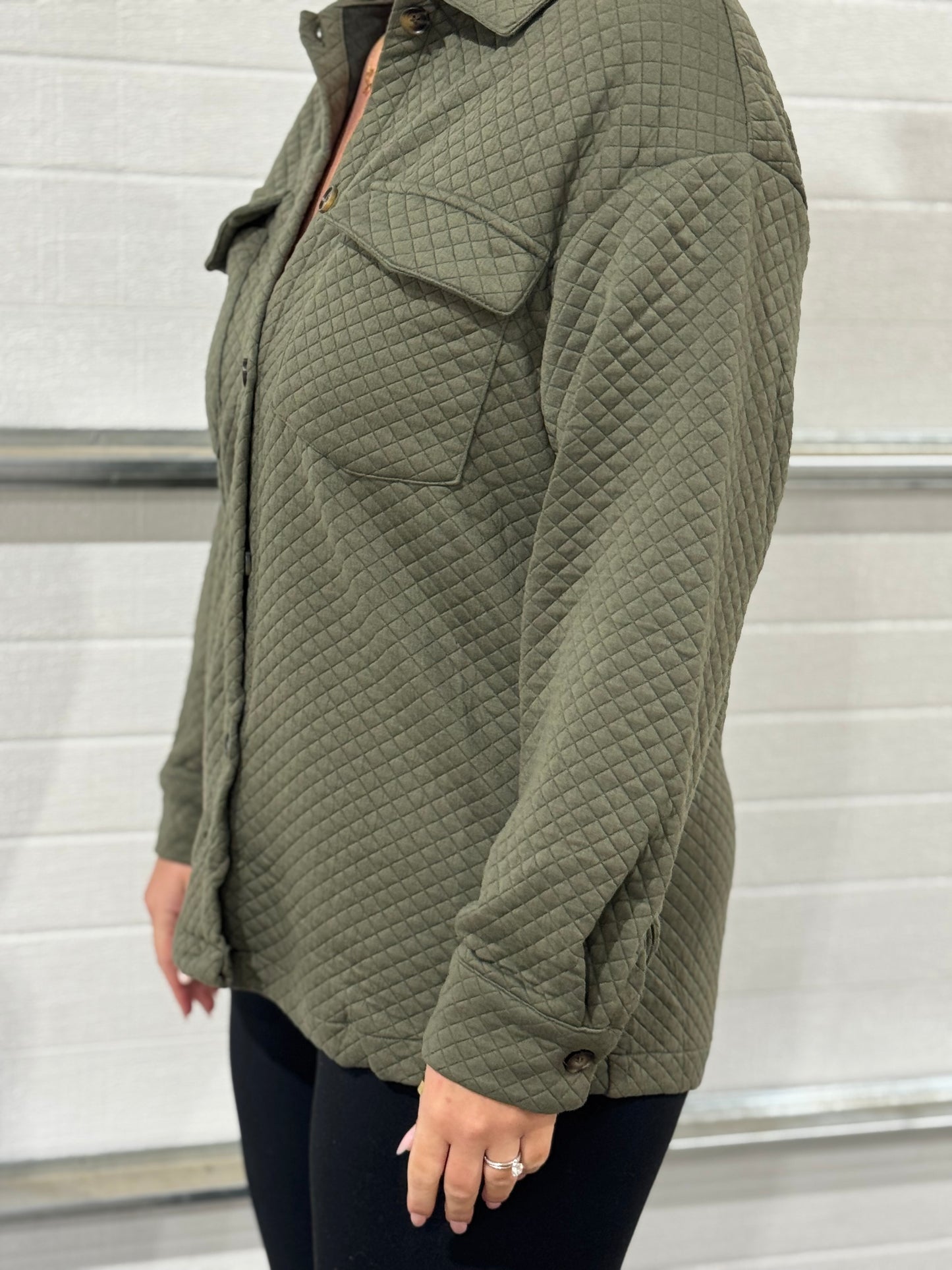 Customizable Casual Retro Quilted Flap Pocket Button Shacket