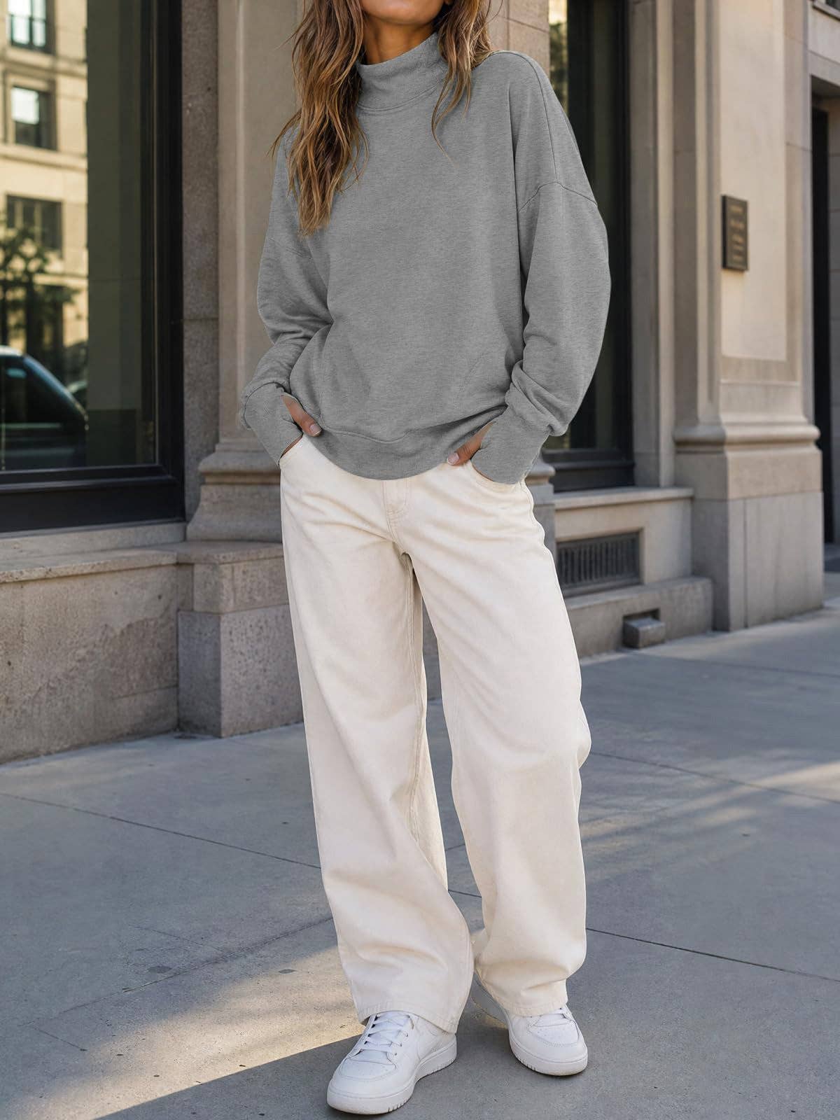 Mock Neck Oversized Womens Sweatshirt Solid Pullover Top