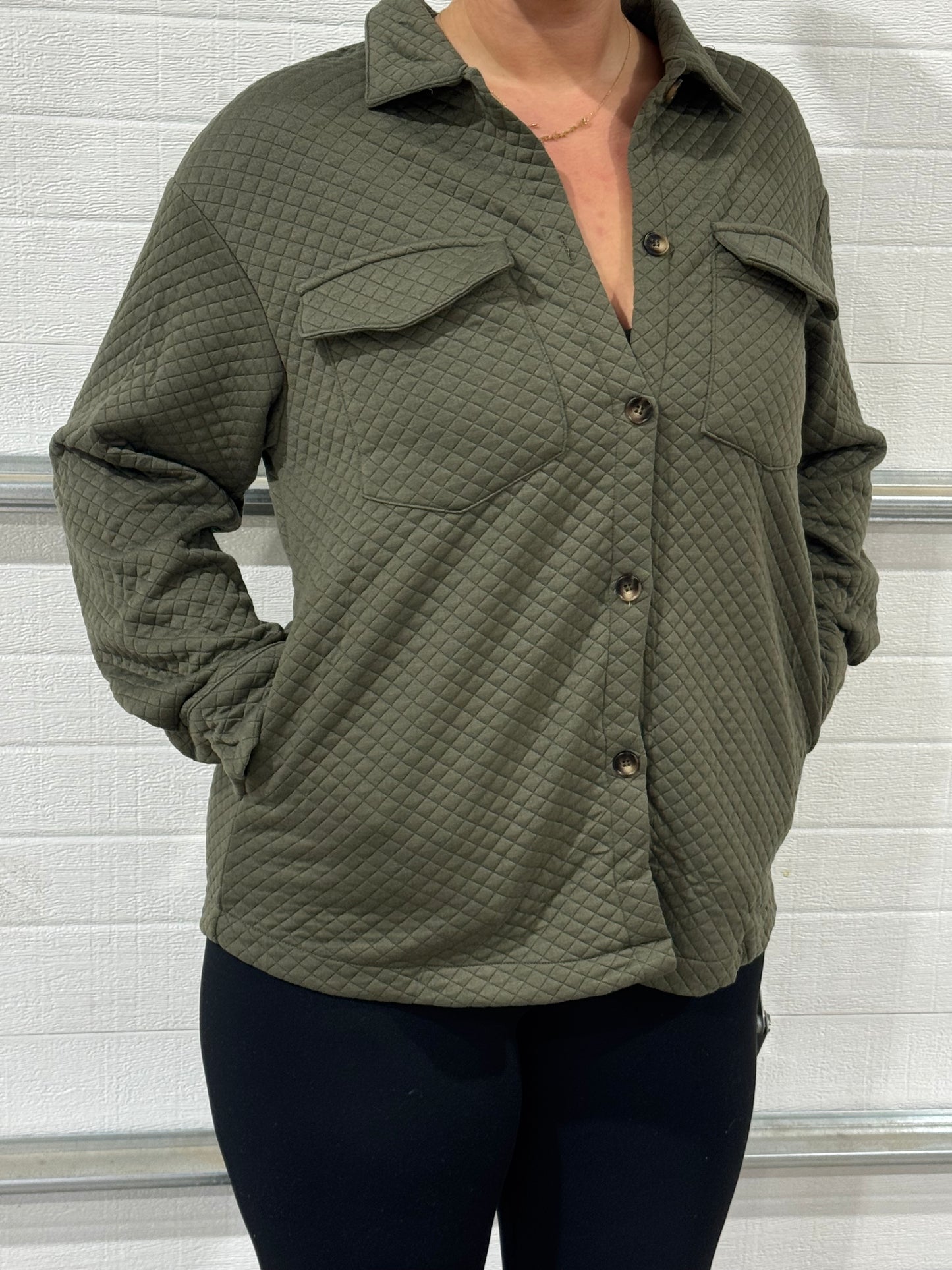 Customizable Casual Retro Quilted Flap Pocket Button Shacket