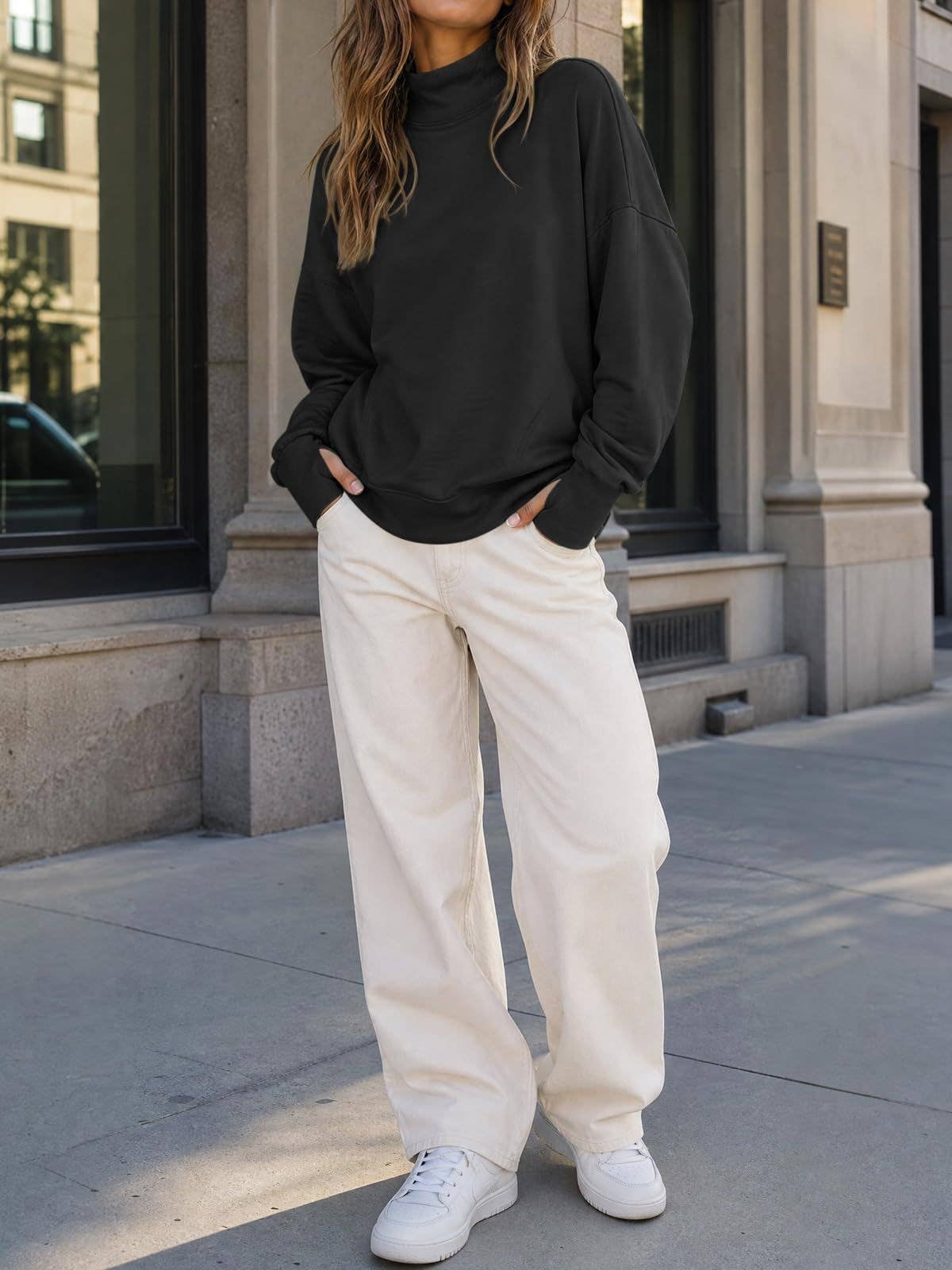 Mock Neck Oversized Womens Sweatshirt Solid Pullover Top