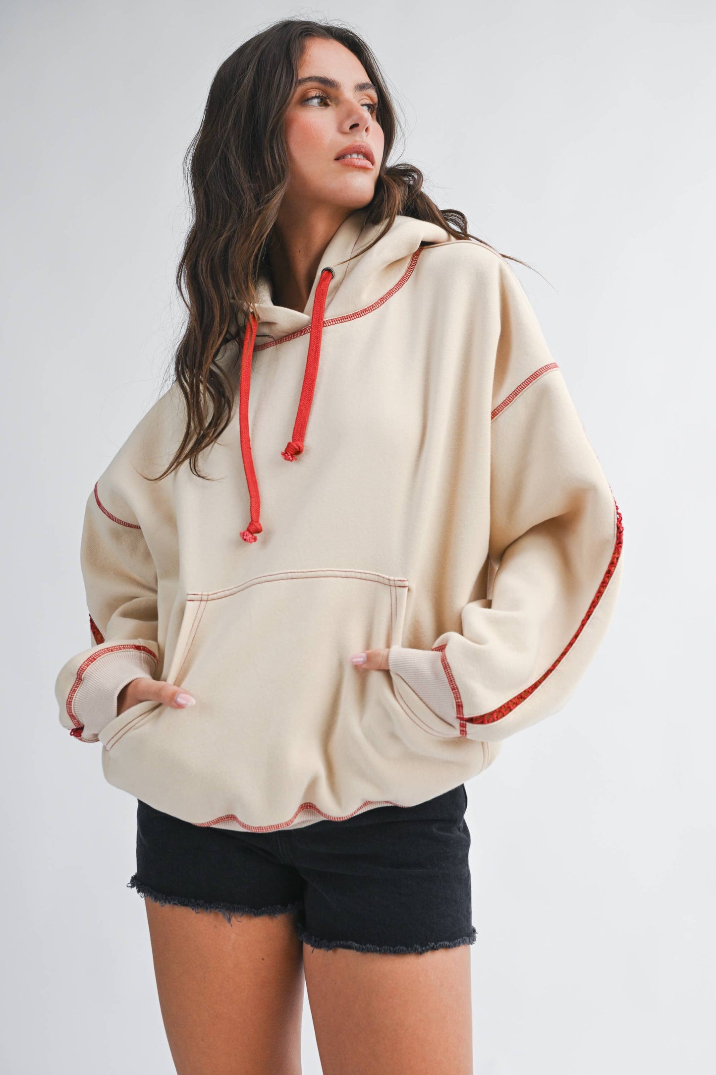 Red Contrast Stitch Hoodie