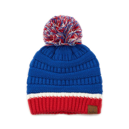 Colorblock Ribbed Beanie with Pom Pom