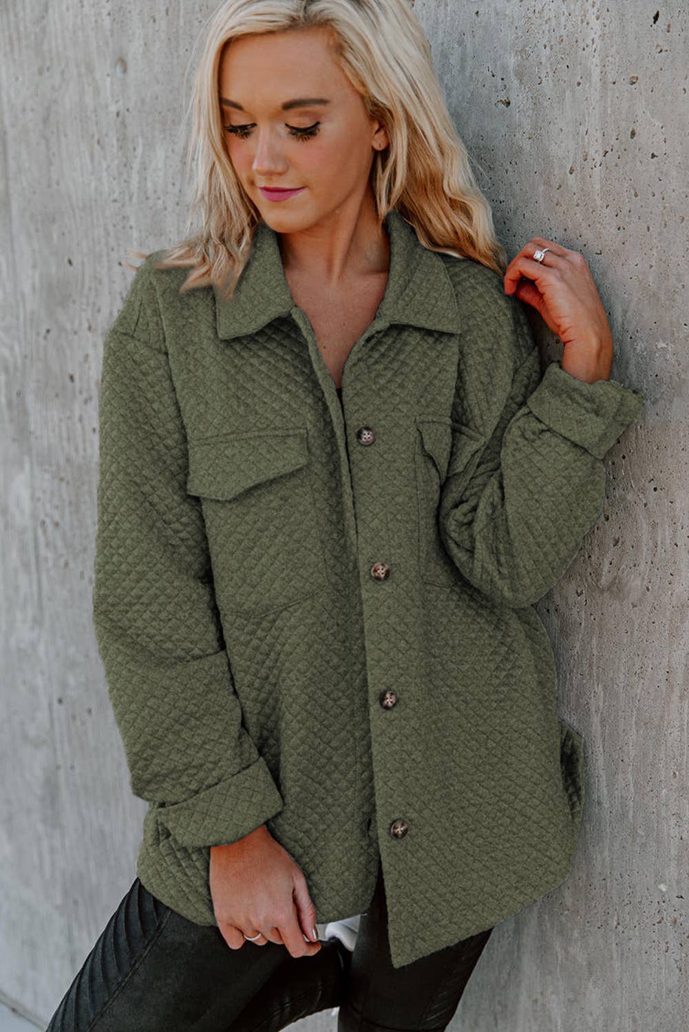Customizable Casual Retro Quilted Flap Pocket Button Shacket
