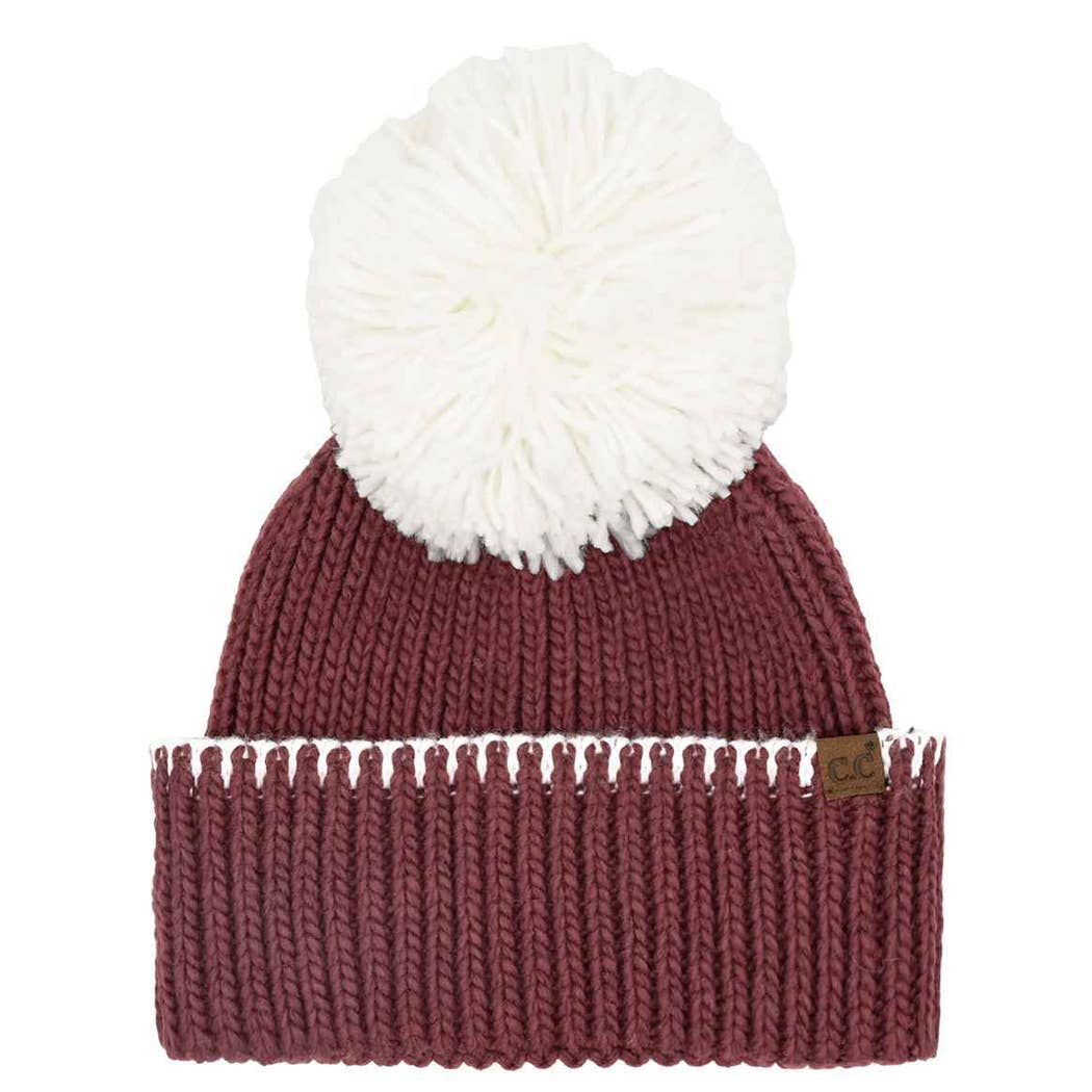 Two-Tone Sport Team Beanie with Yarn Pom