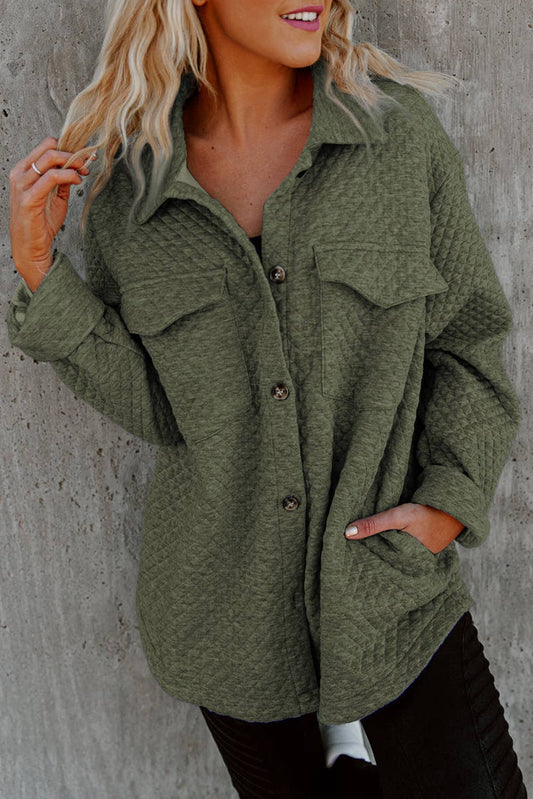 Customizable Casual Retro Quilted Flap Pocket Button Shacket