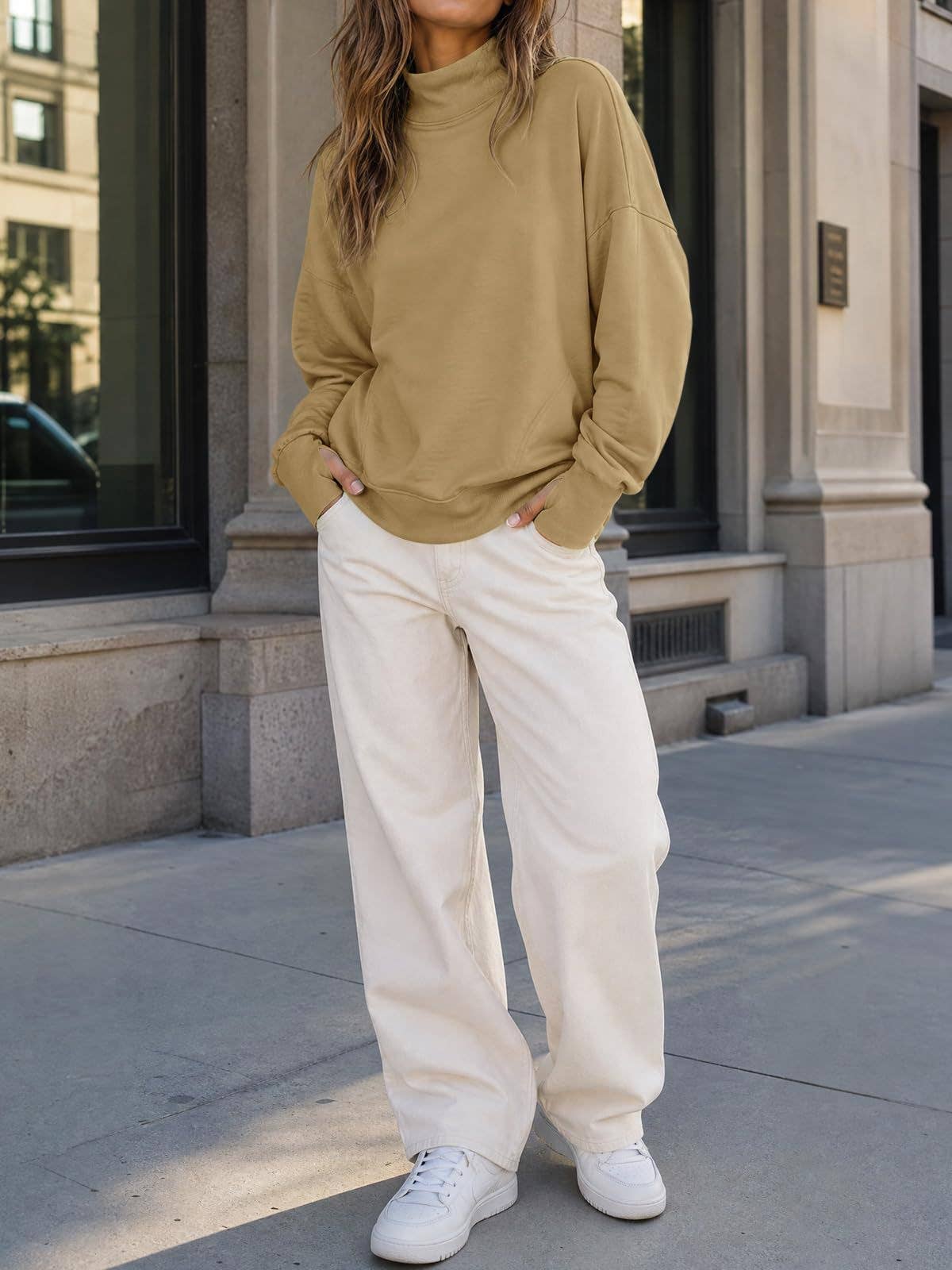 Mock Neck Oversized Womens Sweatshirt Solid Pullover Top