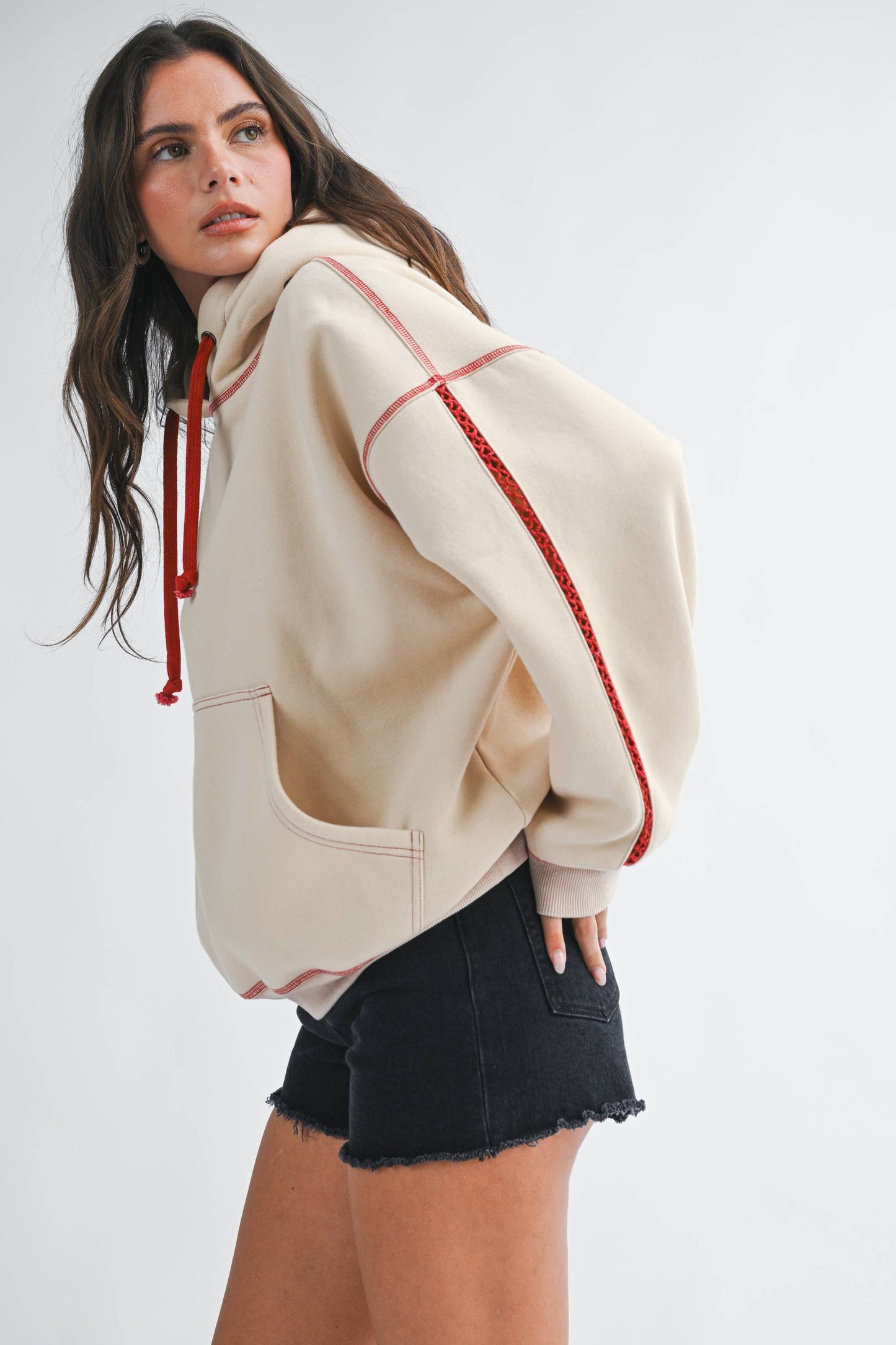 Red Contrast Stitch Hoodie