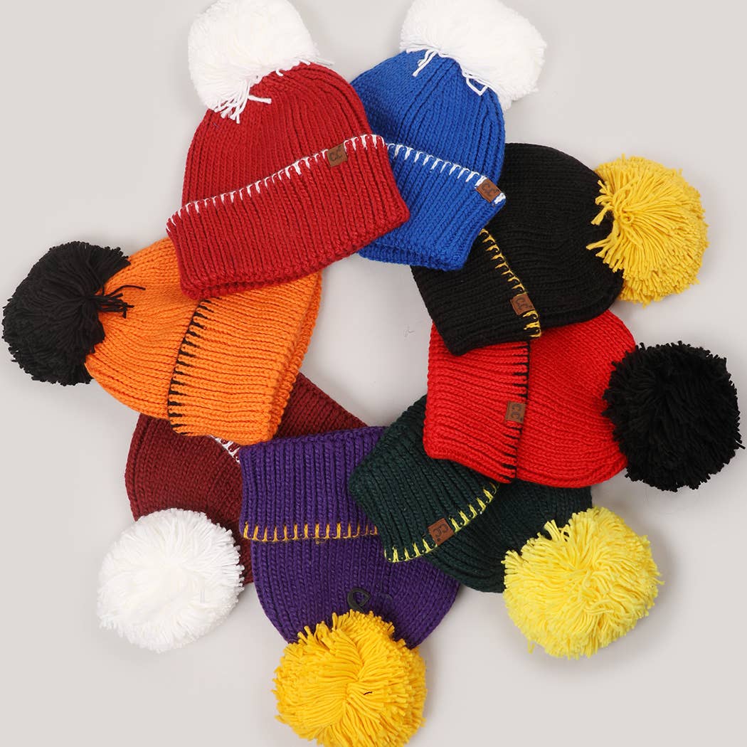 Two-Tone Sport Team Beanie with Yarn Pom