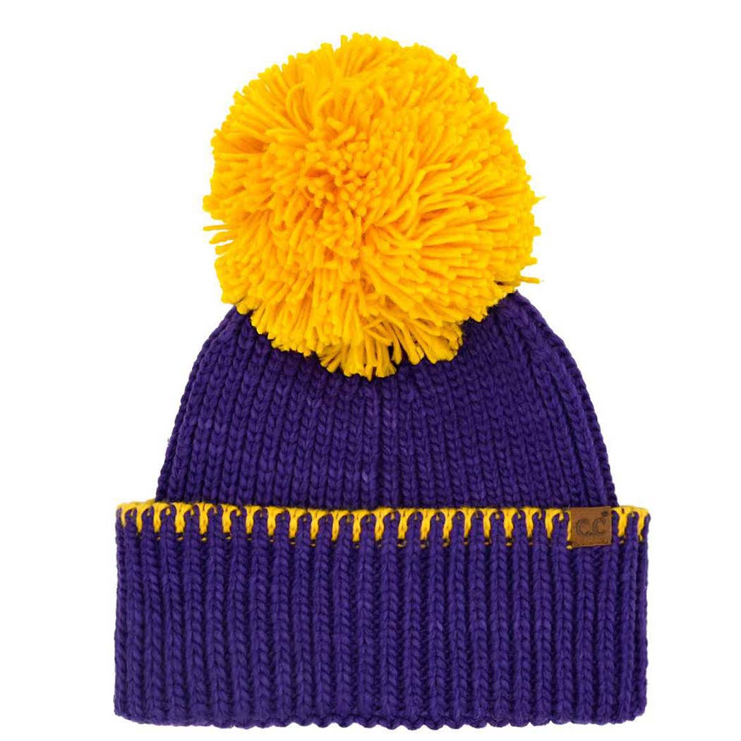 Two-Tone Sport Team Beanie with Yarn Pom
